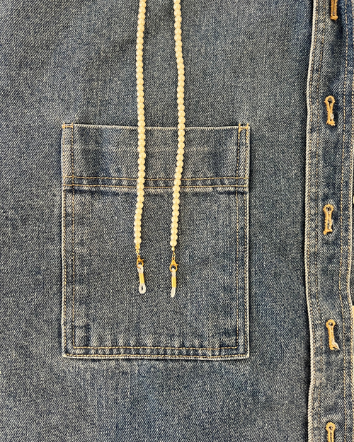 Pearl glasses and sunglasses chain accessory so you don't lose your glasses, on denim. Ministry of Sight