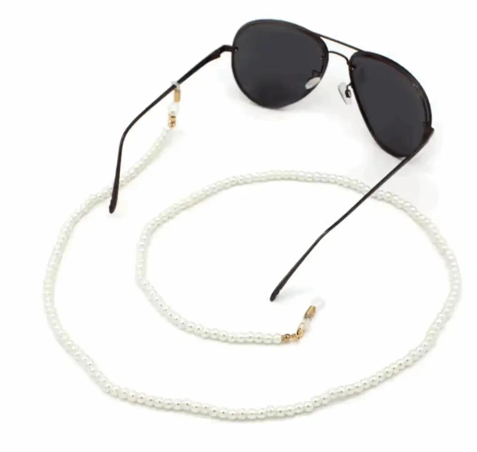 Black sunglasses with a pearl eyeglass chain on a white background - Ministry of Sight