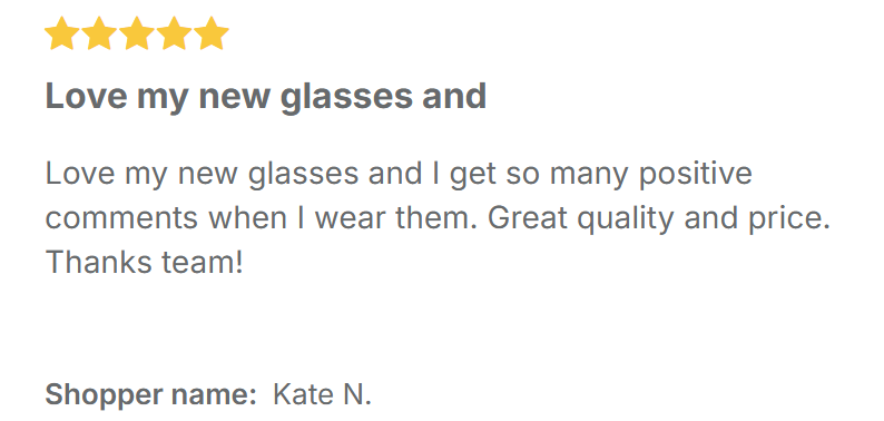 Five-star review for reading glasses with a positive comment on quality and price