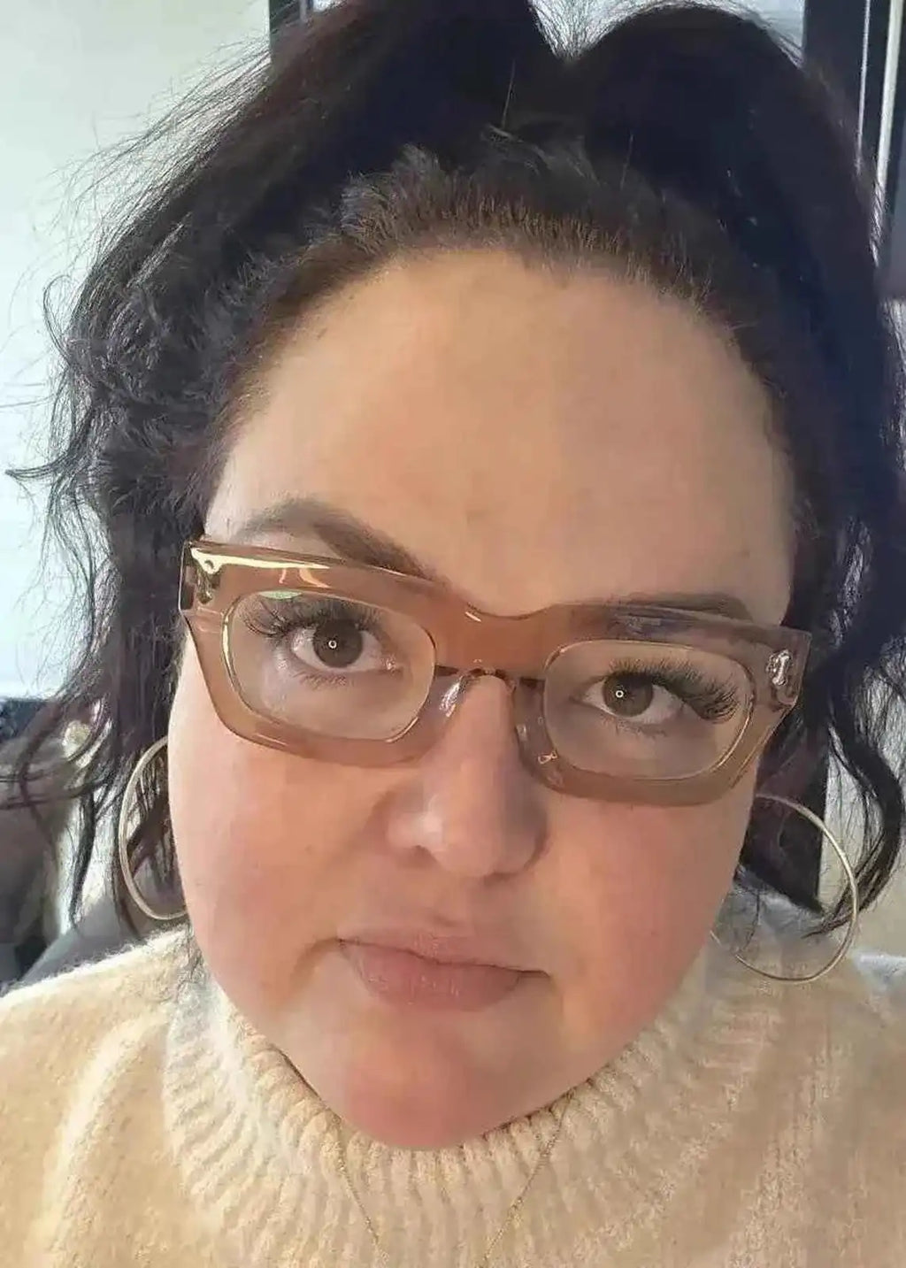 Australian working woman wearing pink rectangular readers - ministry of sight reading glasses +0.5 premium blue-light blocking lenses