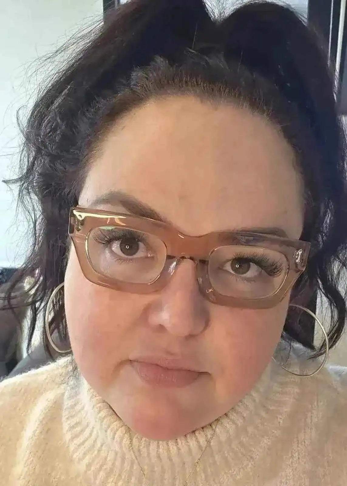Australian working woman wearing pink rectangular readers - ministry of sight reading glasses +0.5 premium blue-light blocking lenses