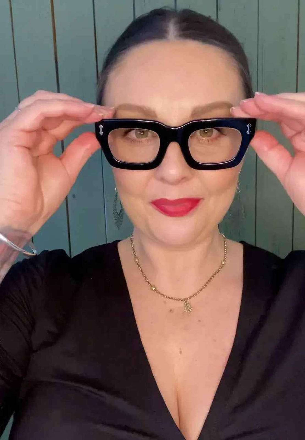 Australian elegant woman over 45 wearing black rectangular readers - ministry of sight reading glasses +3.0