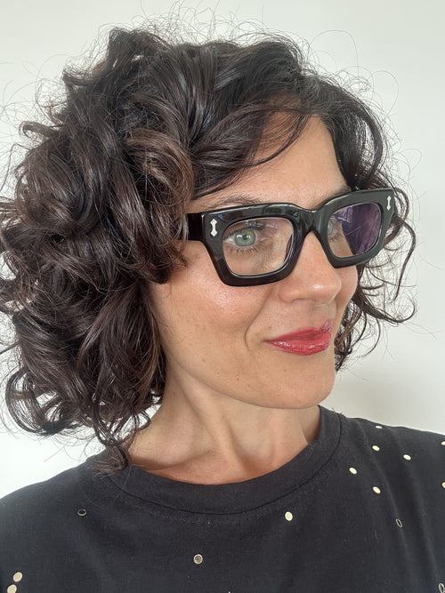 Australian woman wearing tort rectangular readers - ministry of sight - blue-light blocking premium reading glasses