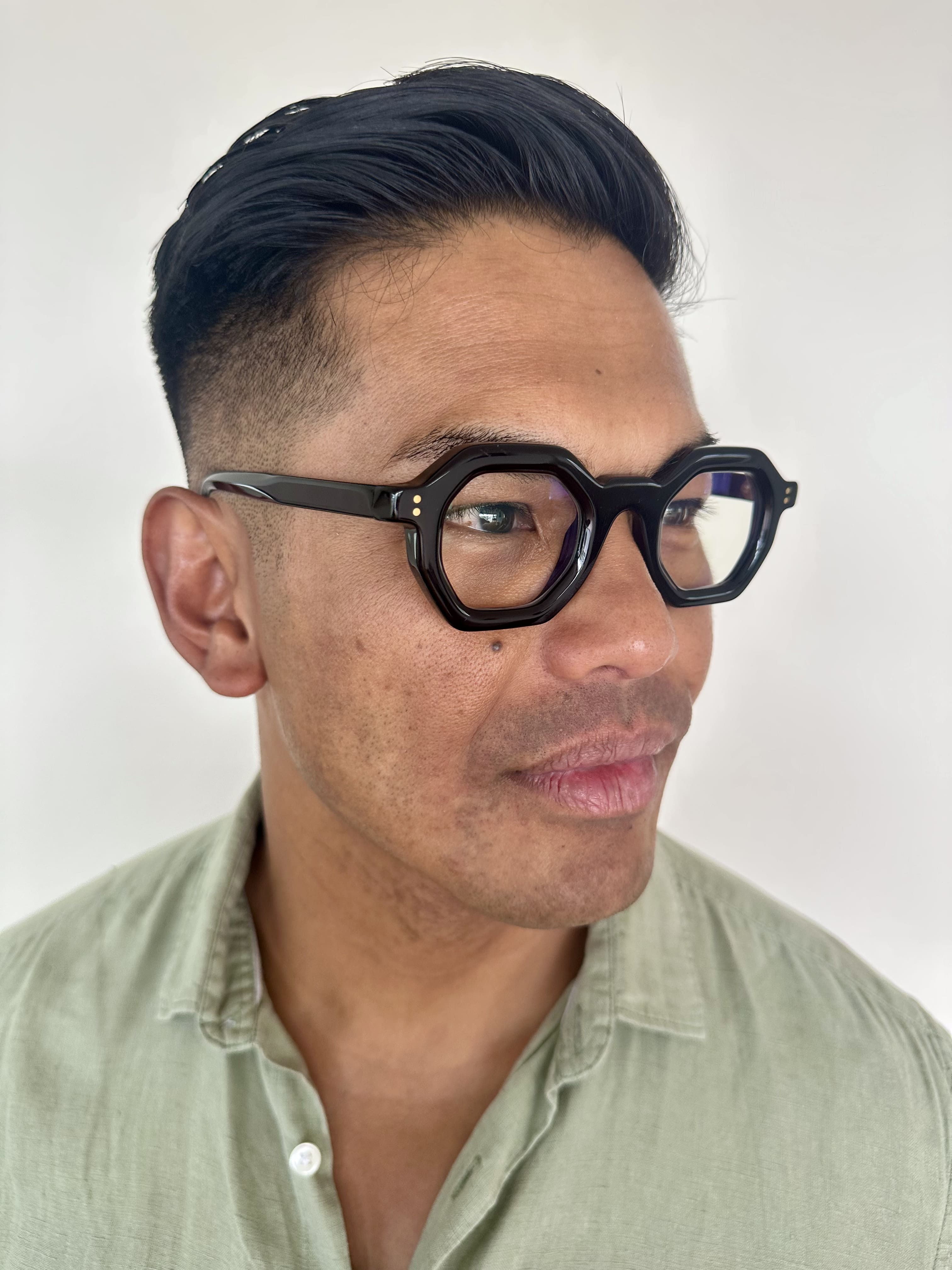 Australian man wearing flattering reading glasses - geometric, black acetate frame - ministry of sight - readers