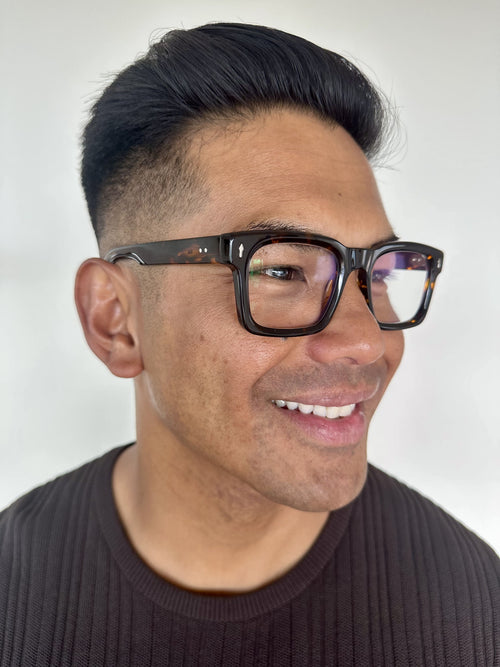 Australian stylish man over 40 wearing square tortoiseshell reading glasses - Ministry of Sight readers