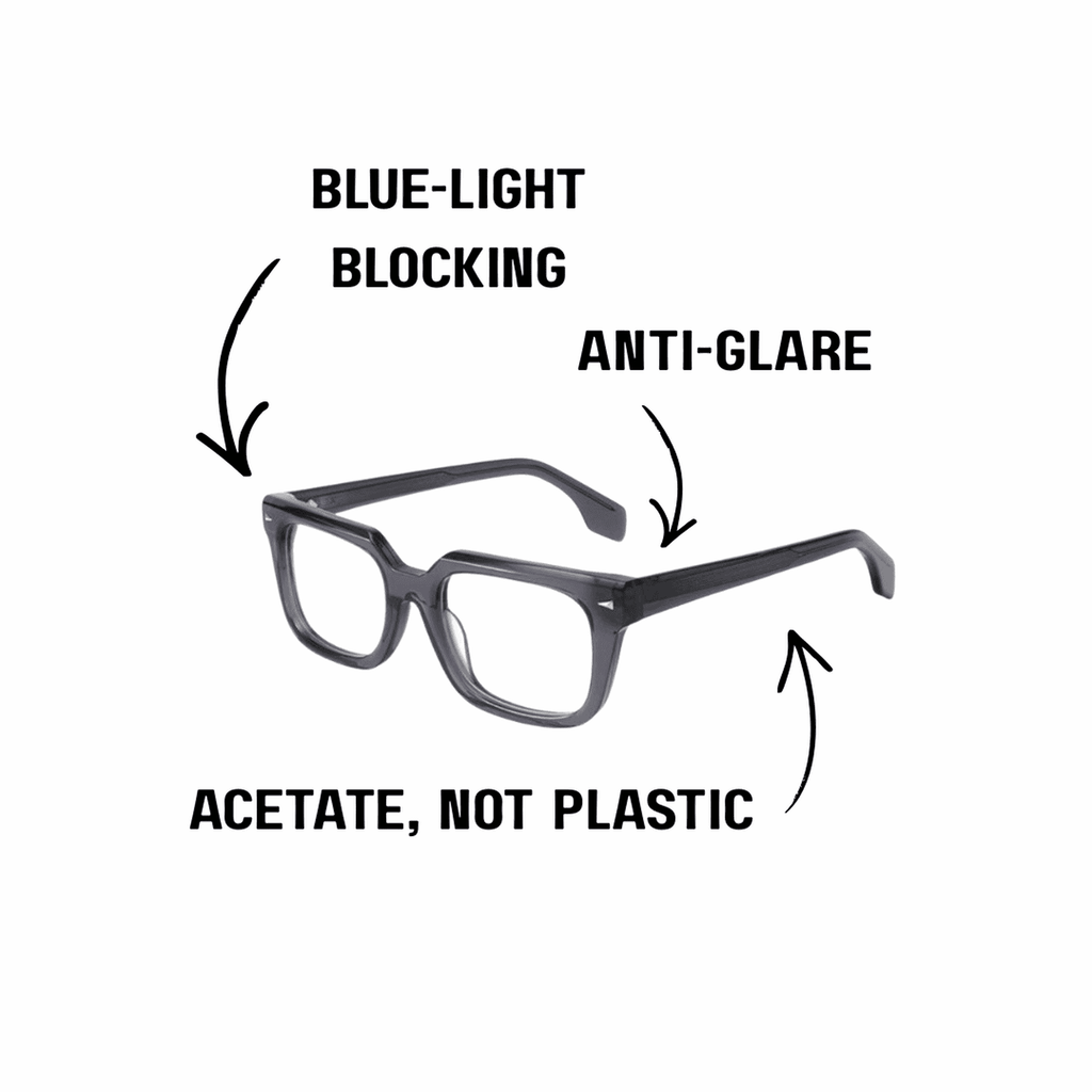 Ministry of Sight reading glasses are blue-light blocking, anti-glare and acetate not plastic frames - grey readers