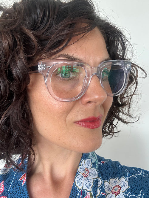 Australian woman over 40 wearing elegant round reading glasses, clear frame readers - Ministry of Sight