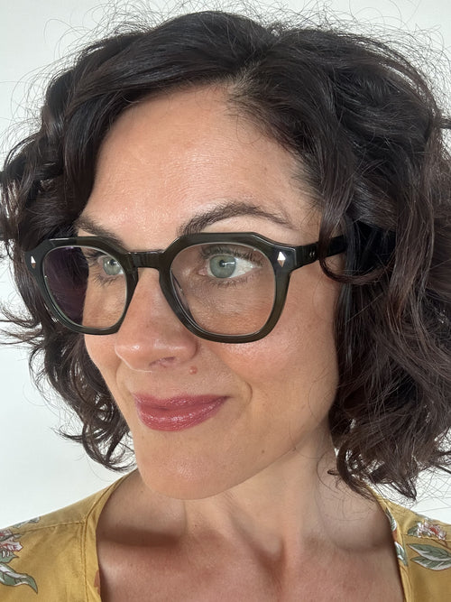 Beautiful woman over 40 years old wearing The Vintage ministry of sight - flat top reading glasses - green readers - ministry of sight
