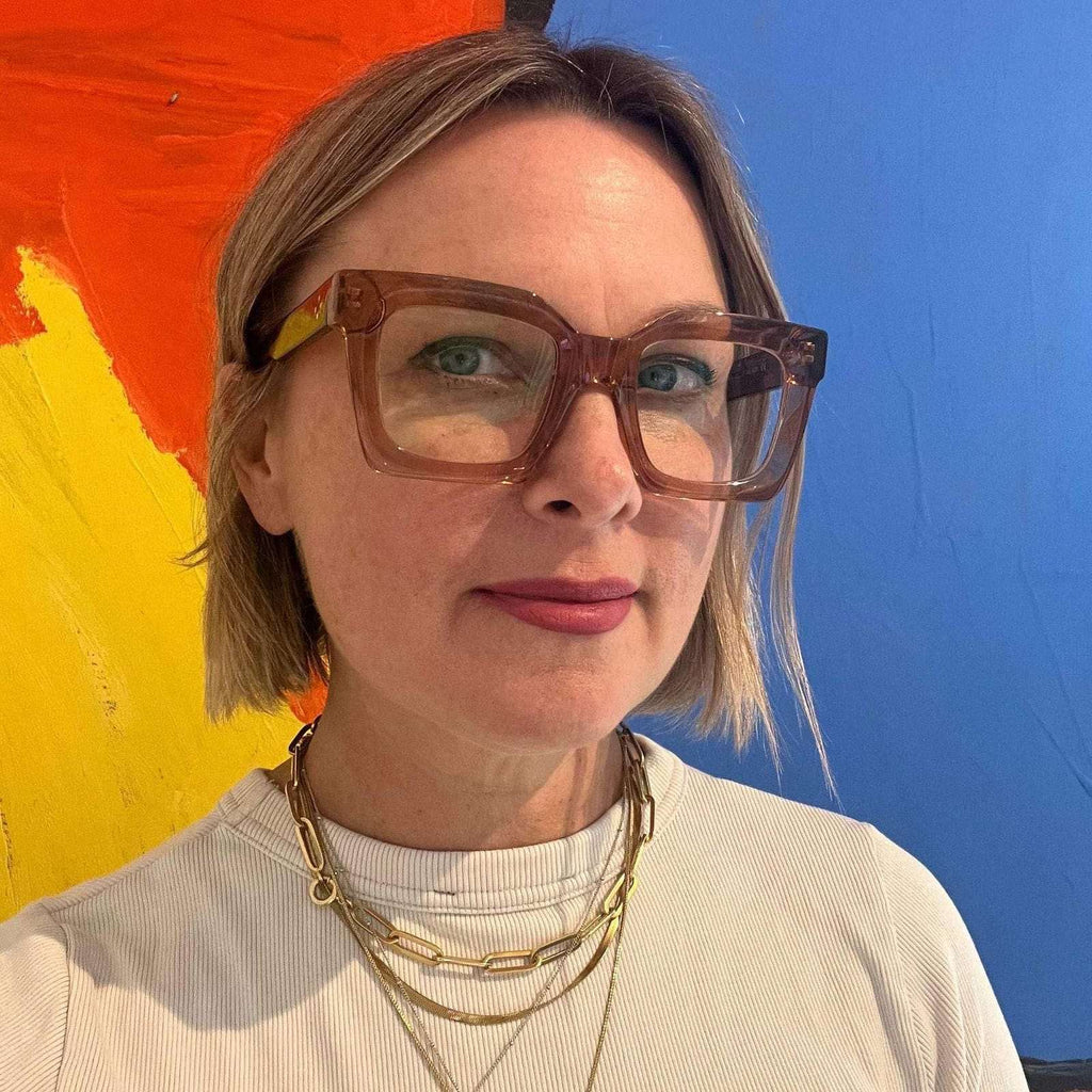 Australian blonde woman wearing pink taupe reading glasses - Ministry of Sight - The Square readers