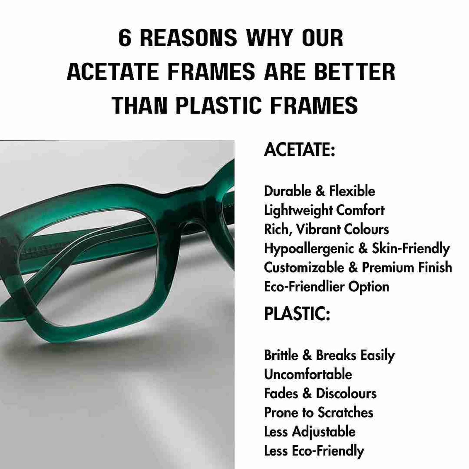 Green acetate eyeglasses with a list of reasons why acetate frames are better than plastic frames on a white background.
