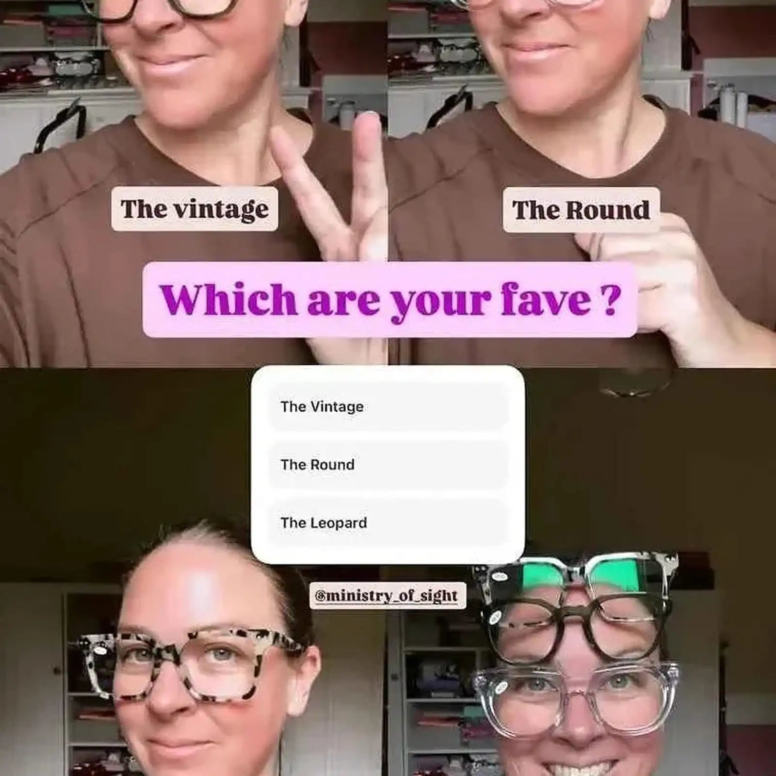 Person wearing different types of reading glasses with text asking for a favourite.- Ministry of Sight