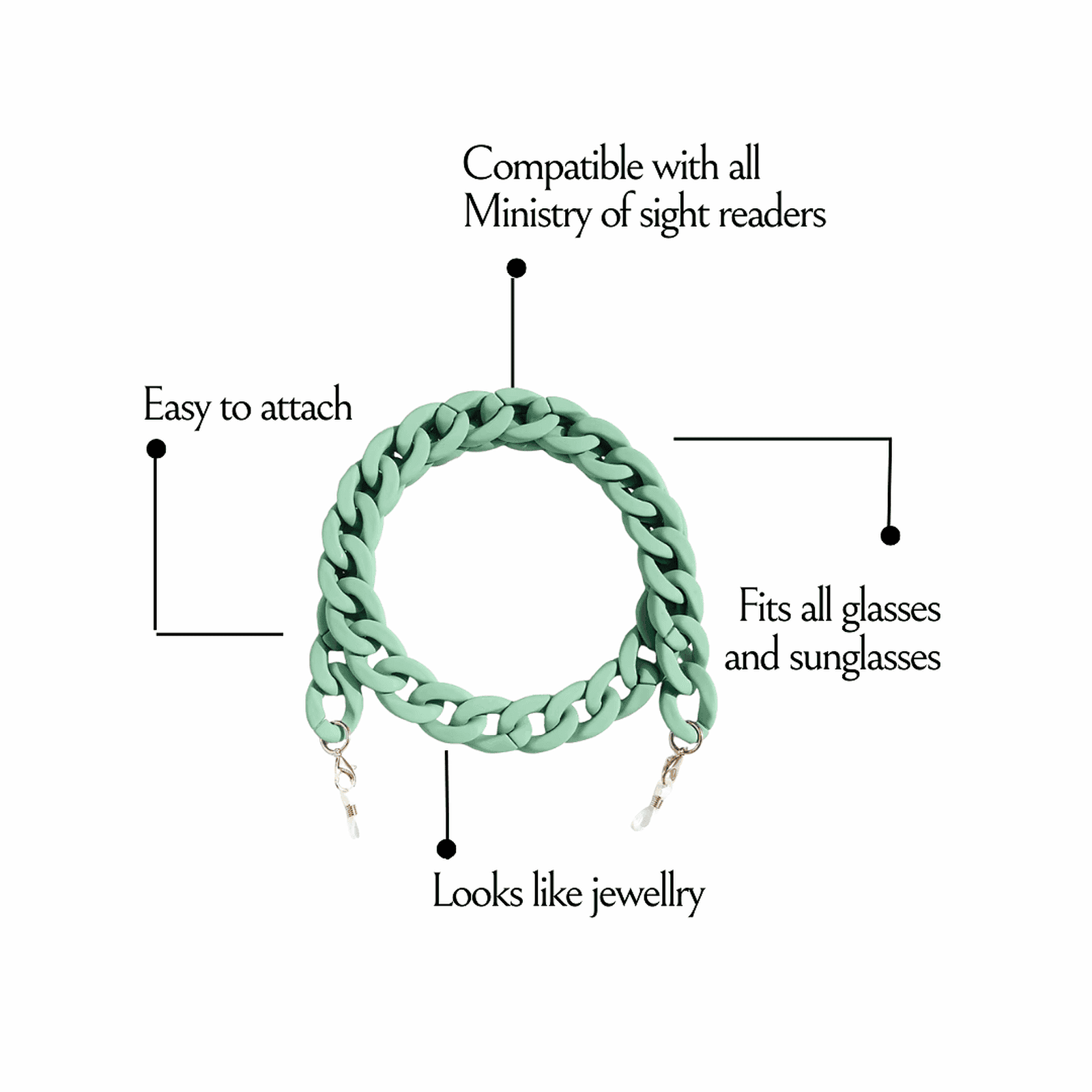 Ministry of Sight green acrylic glasses chain compatible with all glasses, easy to attach, looks like jewellry
